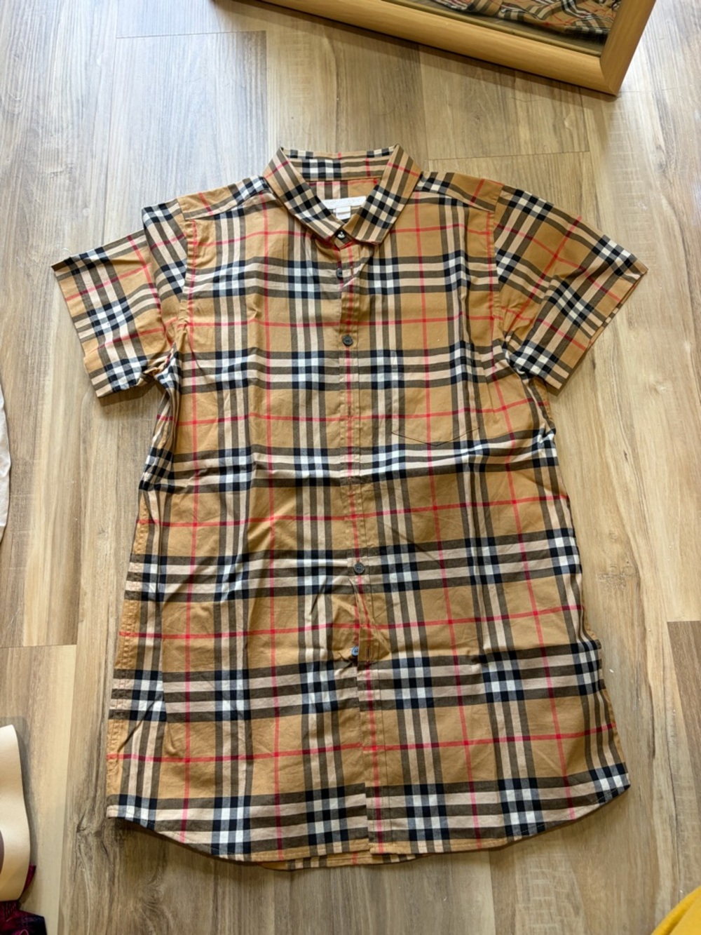 Burberry Tan Plaid Short-Sleeve Button-Down Shirt
